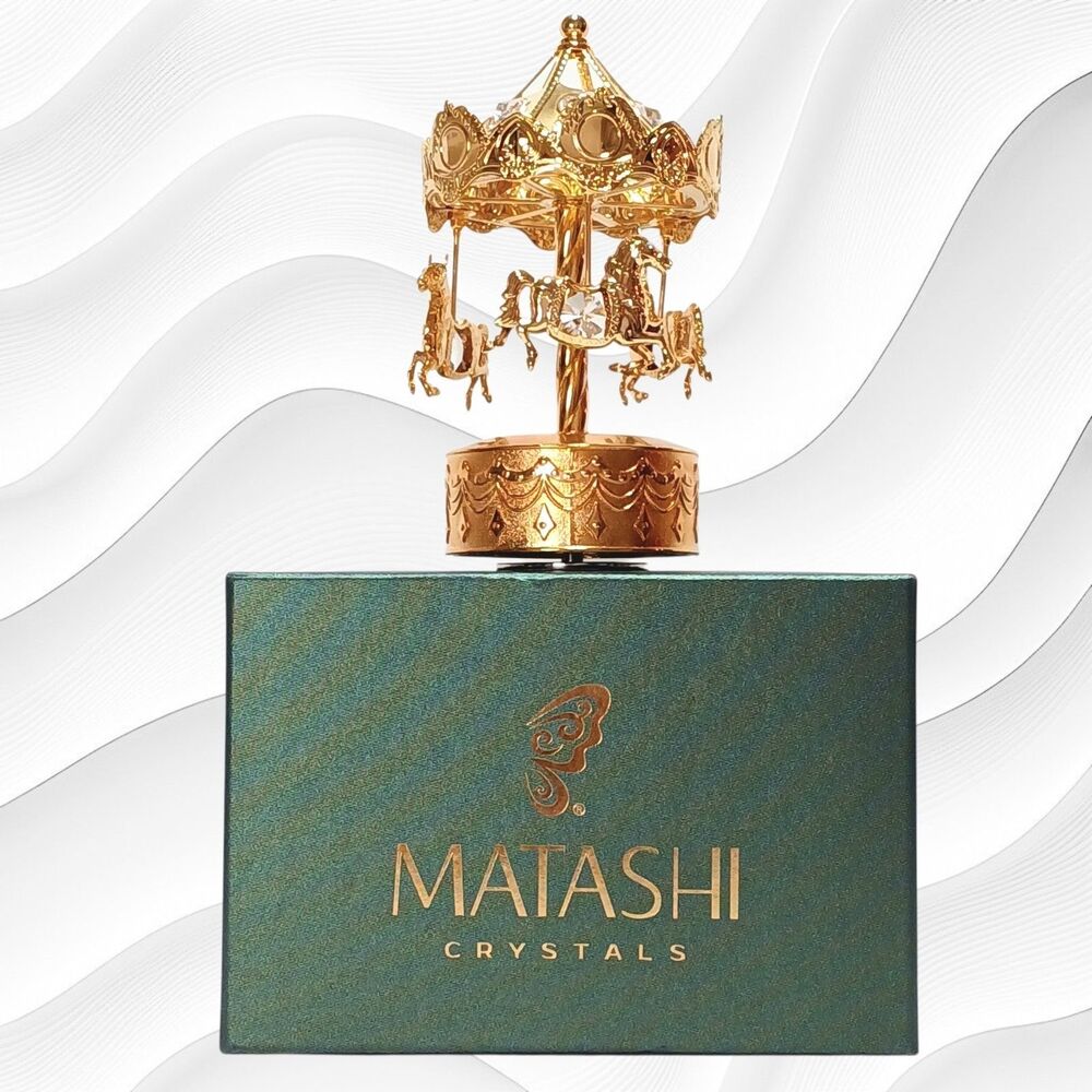 Music Box 24K Gold Plated Crystal Studded Carousel Horses by Matashi NIB